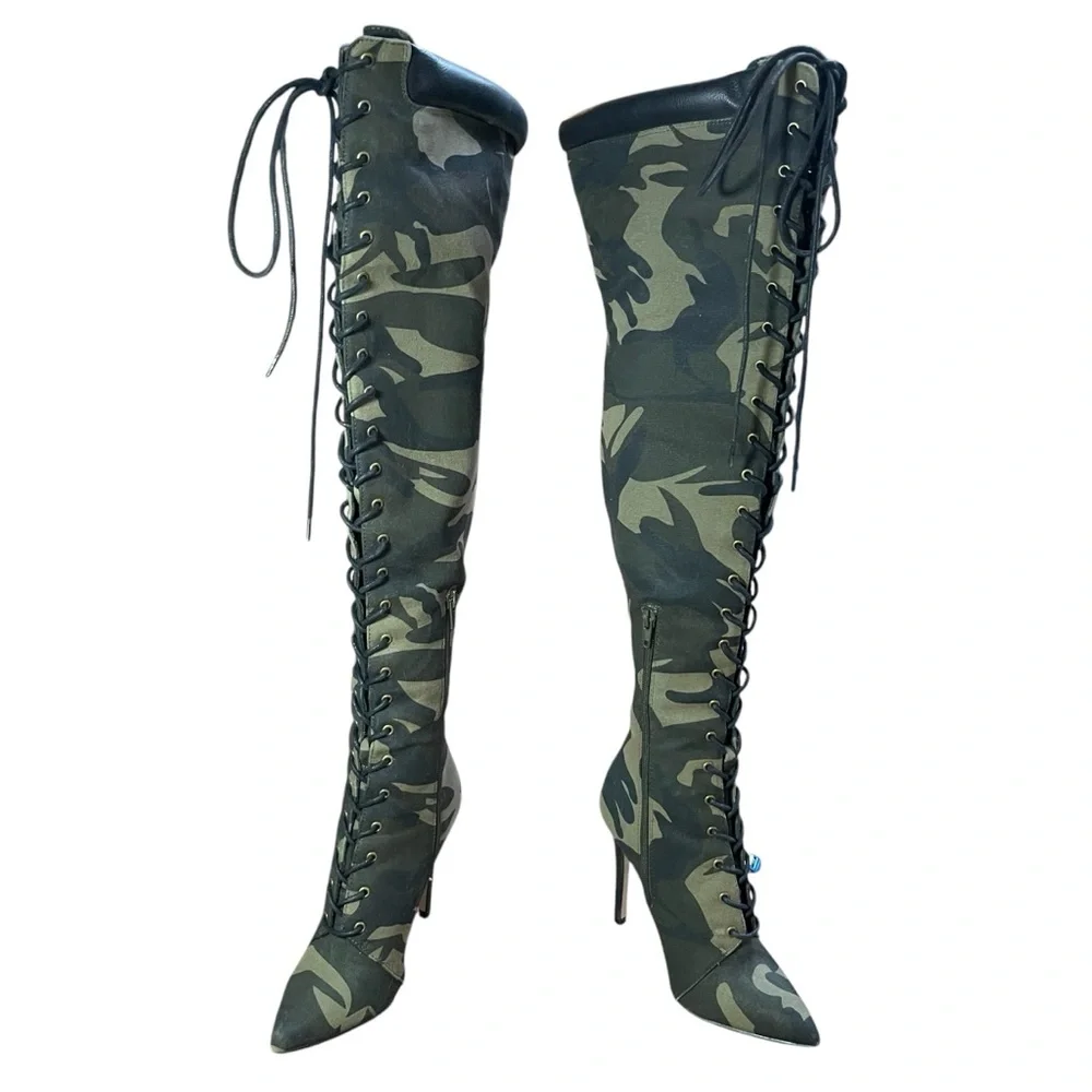Over The Knee Camo Heels Lace Up‎ Boots | Clubwear Statement Shoes